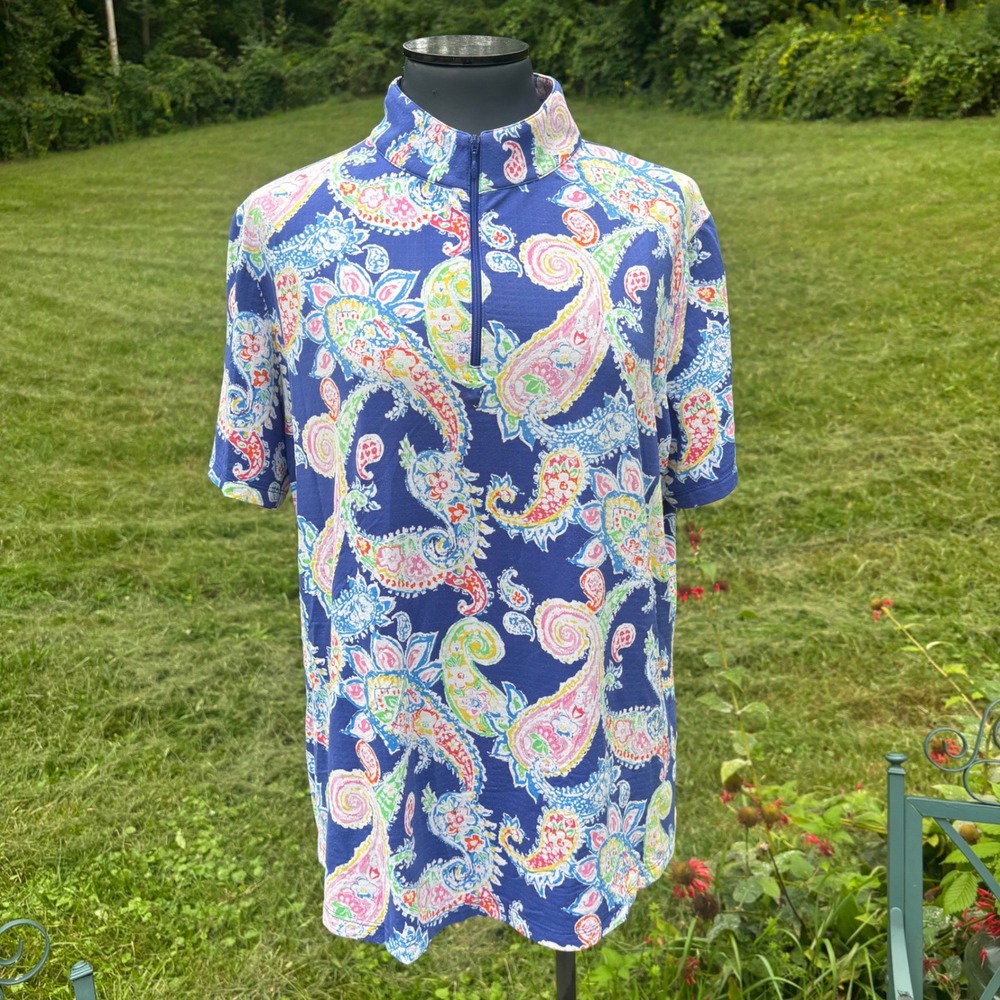 Women's XXL IBKUL Sharon Blue Multi Paisley 1/4 Zip Short Sleeve Sun Shirt Top